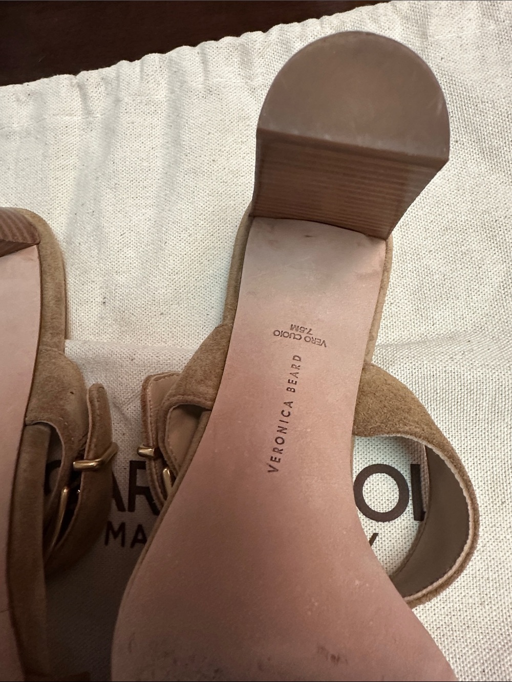 Veronica Beard Tan Suede Mule Sandals with Gold Buckle - Picture 4 of 8